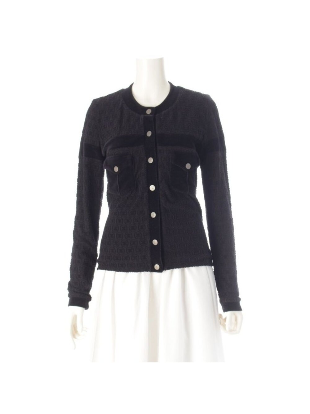 Chanel Cotton Velour Long Sleeve Pile CC Logo Collarless Jacket Top Black 34